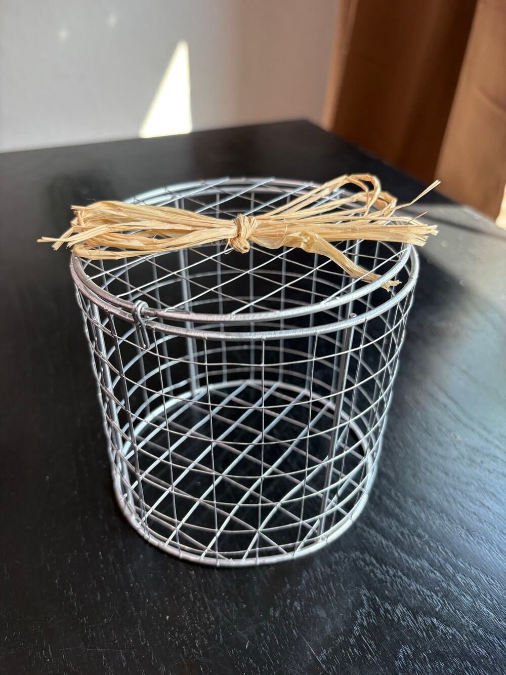 Mini silver wire basket- with lid- hay bow- western cottage rustic decor 5x5"